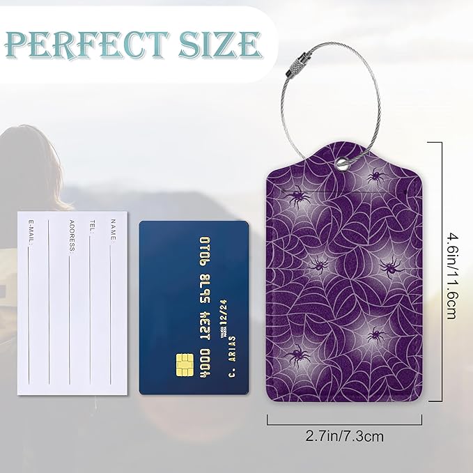 Halloween Luggage Tags Set of 2 Purple Spider Web Leather Suitcase Tags with Stainless Steel Loop and Privacy Cover for Women Men Travel Luggage Accessories