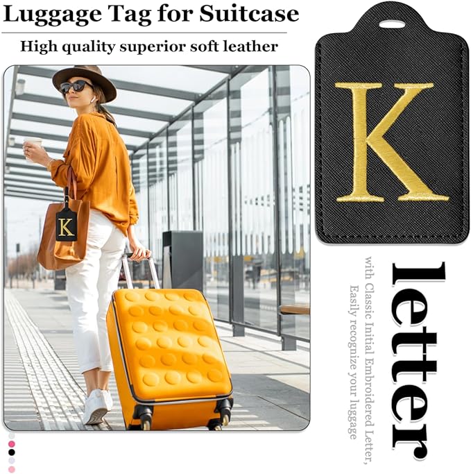 Personalized Initial Luggage Tags for Suitcases,Leather Letter Cute Luggage Tags with Privacy Name Card,Embroidered Monogrammed Travel Bag Backpack Tag Gifts for Women Kids Girls Teens(Black-K)