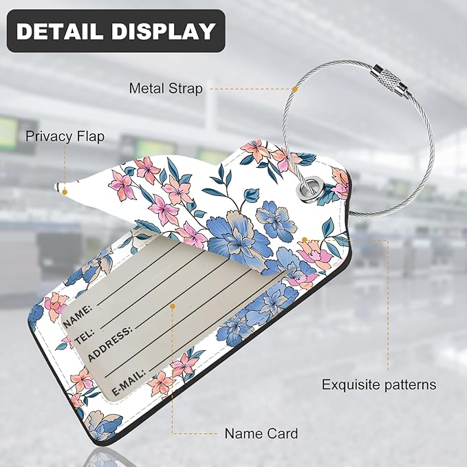 2Pack Luggage Tags for Suitcases, Cute Unique Pu Leather Cruise Luggage Tag with Privacy Cover ID Label Address Card and Metal Ring Suitable for Women Men Kids Travel Bag Blue Pink Flowers