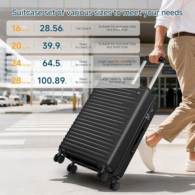 Hoteel Luggage Sets 3 Piece, 4-Year Warranty, Carry-On Luggage with Dual-Spinner Wheels, PC+ABS Hardside Suitcase Set with TSA Lock, Durable Carry On Suitcase, Black(20IN/DB/TB)