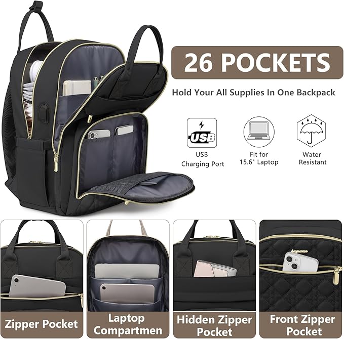 Laptop Backpack for Women Work Bag - 15.6 inch Travel Backpack Purse with USB Charger College Bookbag Waterproof Cute Casual Daypack Fashion Business Computer Backpacks for Teacher Nurse Black