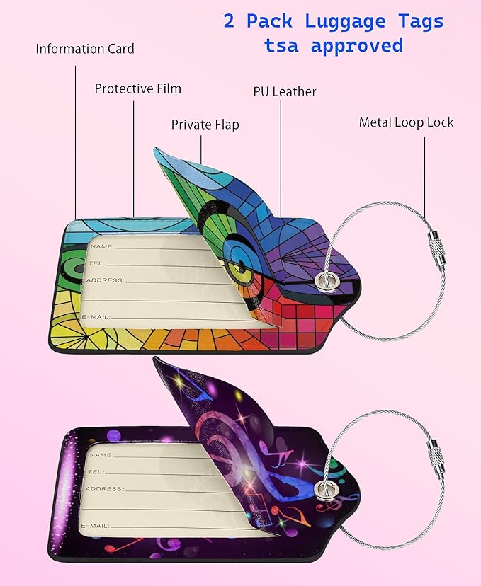 2P Music Note Rainbow Glass Luggage Tags Privacy Cover ID Label with Stainless Steel Loop and Address Card for Travel Bag Suitcase Funny Cute Man Women Kids