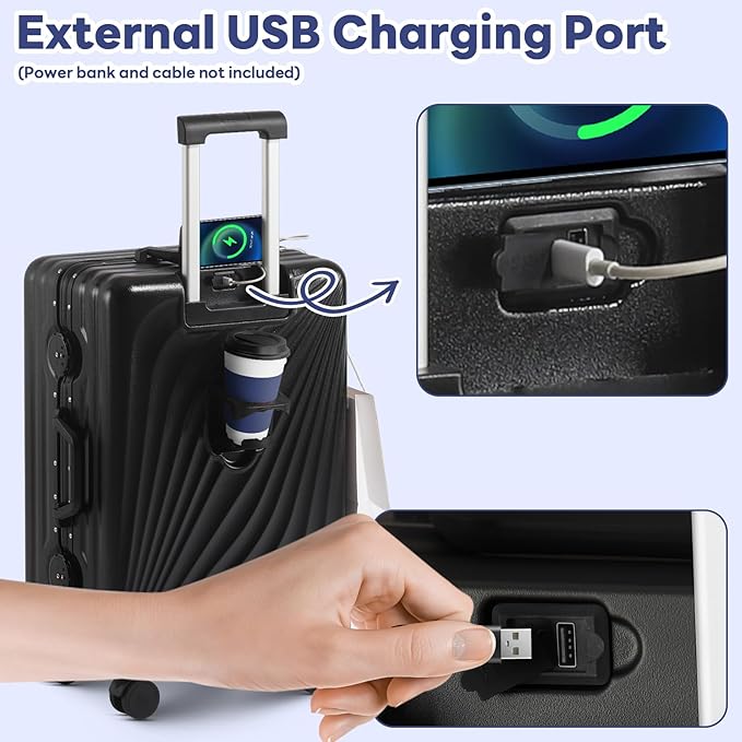 20 Inch Carry On Luggage, Zipperless Luggage with Spinner Wheels, Airline Approved Suitcase with Cup Holder, TSA Lock and USB Charger for Travel, Black