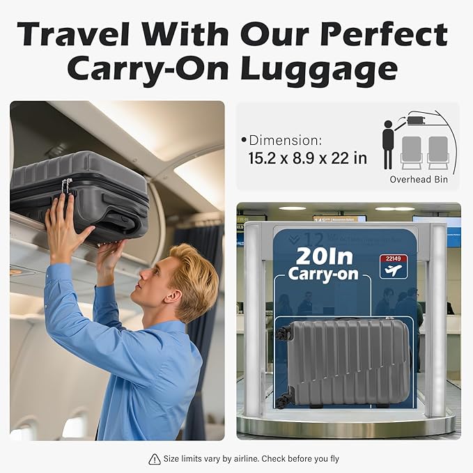 Coolife Carry On Luggage Airline Approved with Spinner Wheels, Hard Shell Suitcase TSA Lock Lightweight Travel Luggage 20-inch,Gray