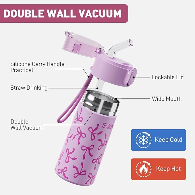 5oz Small Water Bottles with Straw, Mini Water Bottle with One-Hand Open Design, Leak-Proof Locking Lid for Hot&Cold Drinks, Small Travel Water Bottle - 100% Leakproof for School, Travel...(Bow)