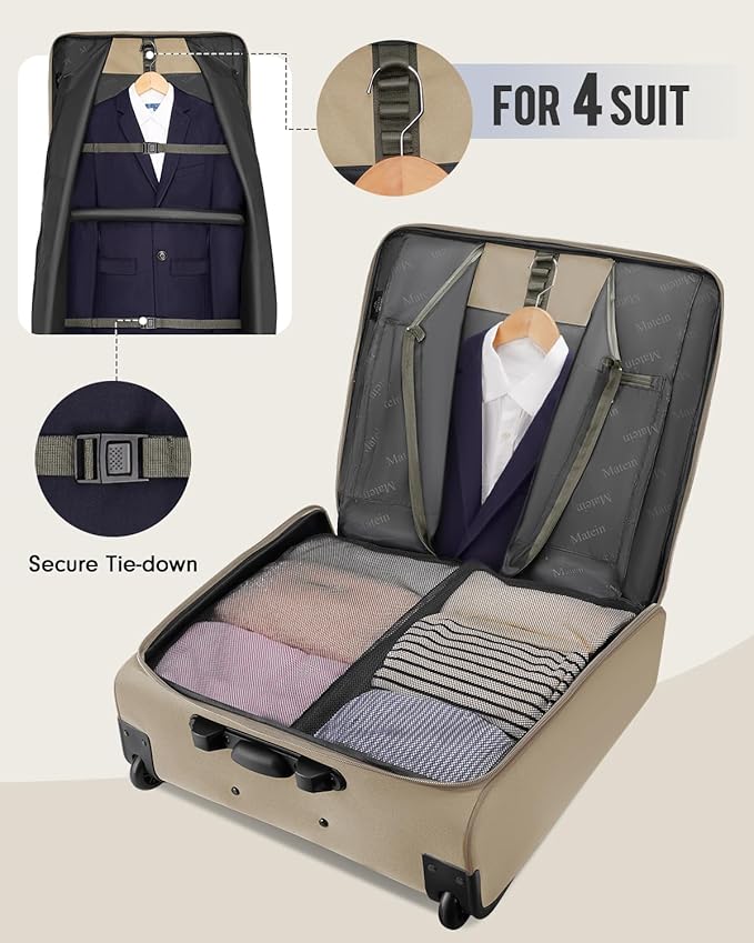 MATEIN Garment Bag with Wheels, Large Wheeled Garment Bags for Hanging Clothes with 2 Packing Cubes, Foldable Softside Travel Suit Carrier for Women, Business Suitcase Luggage Fits 17" Laptop, Khaki