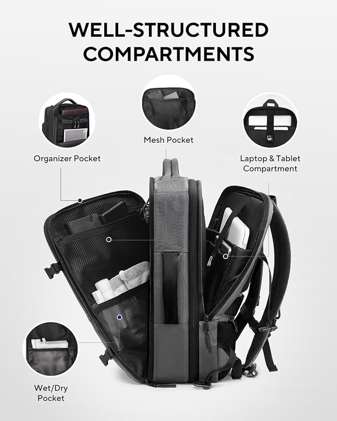 Dinictis Vacuum Seal Travel Backpack 60L Built-in Pump, Expandable Backpack with Vacuum Compression Fits 17 inch Laptop, Water Resistant Carry On Suitcase Luggage for Short Trip and Business-Dark Grey