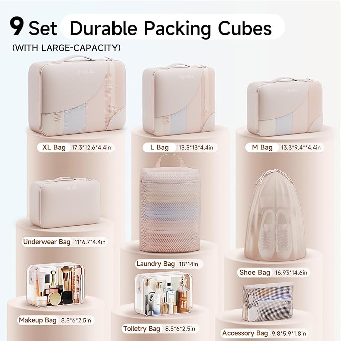 11 Set / 9 Set Packing Cubes for Travel,Gifts for Women Mom Kids,TSA Approved Bags for Makeup, Cosmetic, Toiletry, Organizers for Suitcase Carry On, Cruise Essentials Airplane Accessories, Beige