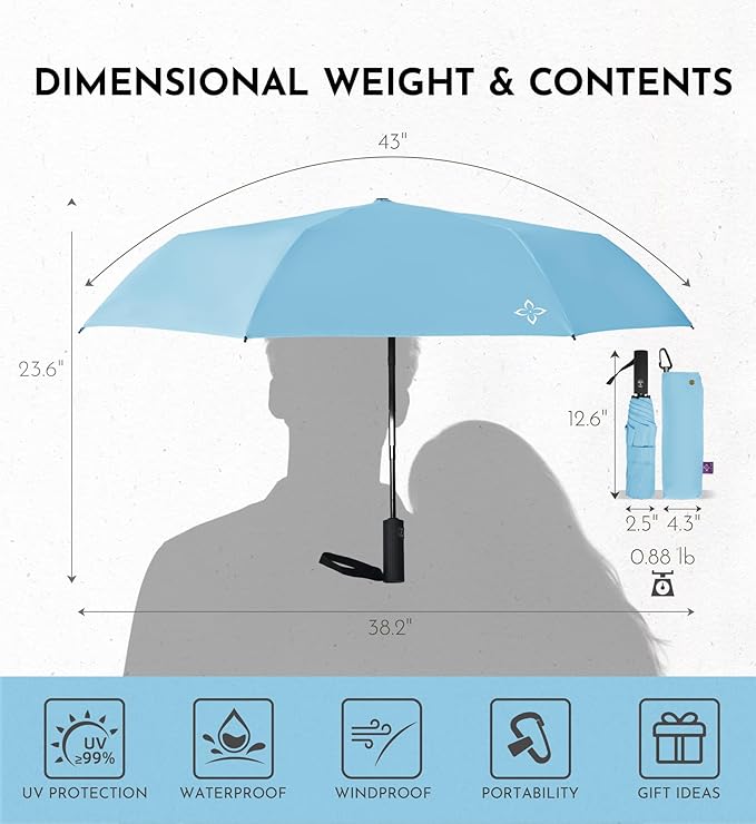 Windproof Travel Umbrella for Rain - 43" Compact Folding Umbrella, Reinforced Strong Frame, Lightweight Portable Parasol with UPF 100+ UV Sun Protection, Cruise Ship Essentials