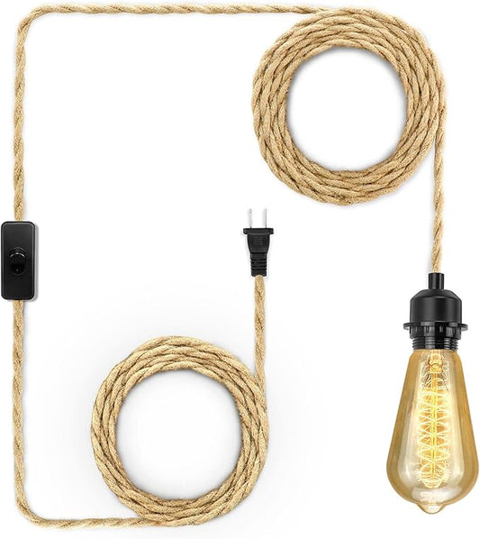 LYOOWNG Plug in Pendant Light Cord, Farmhouse Hanging Lights with Plug in Cord, 15FT Hemp Rope Plugin Hanging Light Cord Kit with On/Off Switch, E26 E27 Light SocketCord, Bulb NOT Included