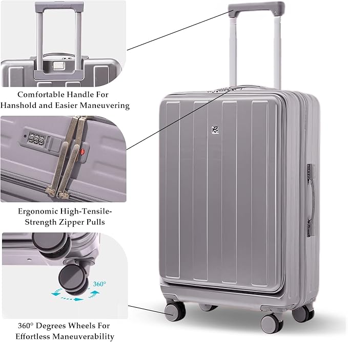 Gets Carry on Luggage Airline Approved,20 Inch Abs+Pc Hardshell Spinner Luggage With Cup Phone Holder and USB Charger,Front Pocket Durable Suitcase for Women Men-Grey