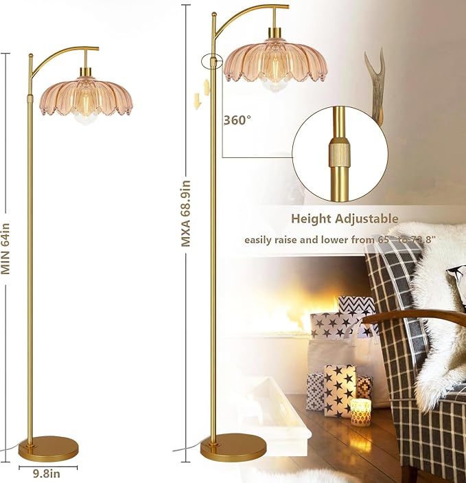 AHDWDW Gold Arc Floor Lamp for Living Room Bedroom,Adjustable Unique Modern Floor Lamps with Remote,Vintage Glass Standing Lamp with Dimmable Bulb,Bright Flower Brass Tall Lamp for Corner Office
