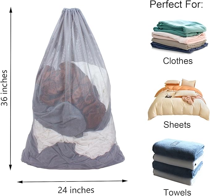2 Pack Mesh Laundry Bags, 24 x 36 Inches Heavy Duty Drawstring Bag, Factories, College, Dorm, Travel and Apartment Dwellers, Grey