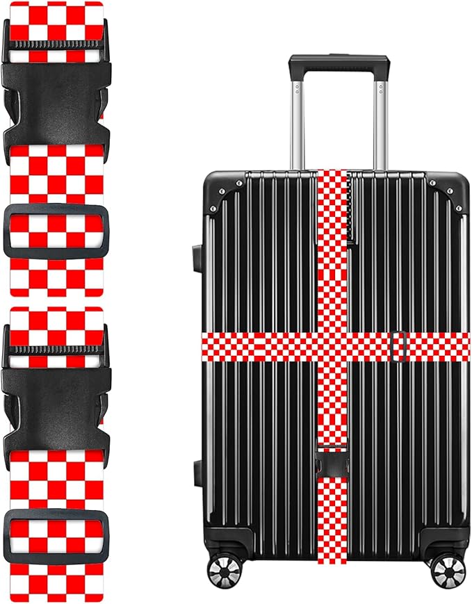 Nuxovilar Luggage Straps of 2 Set Red White Checkered Pattern, 1.96x90.5 inches - Luggage Straps for Suitcases, Suitable for Road Trips, Business Travel, Daily Commute