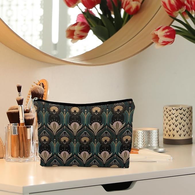 Witchy Goth Makeup Bag, Vintage 1920s Bats and Flowers Aesthetic Cosmetic Toiletry Bag for Women