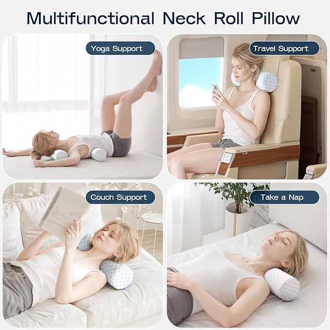 Neck Roll Pillow for Neck Pain Relief - Memory Foam Neck Support Pillow for Bed, Cylinder Pillows, Round Neck Pillow for Sleeping, 15.7 * 5 * 5 inch (Cool-Blue)