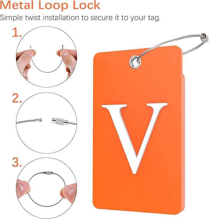 Gostwo 2 Pack Luggage Tags for Suitcases, 26 Initial Letter Travel Luggage Baggage Identification Labels ID Tag Fully Bendable Tags with Stainless Steel Loop (Orange) (Letter V)
