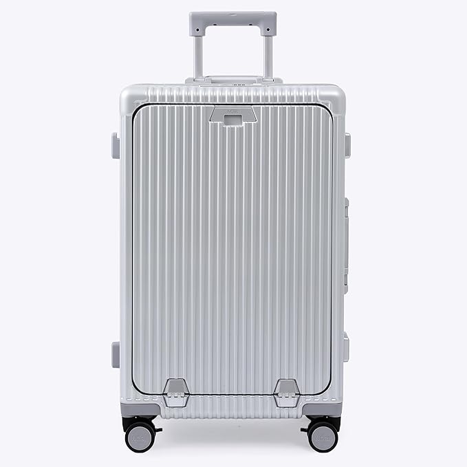 Nobl Travel Zipperless Check In Suitcase - Aluminum Frame, Medium Check In luggage 27x17.5x10.4 Airline Approved by Noble Travel - Polycarbonate Shell - TSA Locks, 360° Spinner Wheels - Silver