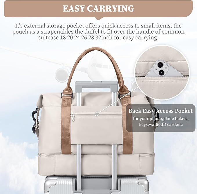 Weekender Bags for Women,Overnight Travel Duffel Bag with Shoes Compartment& Toiletry Bag,Extra Large(Beige & Brown)