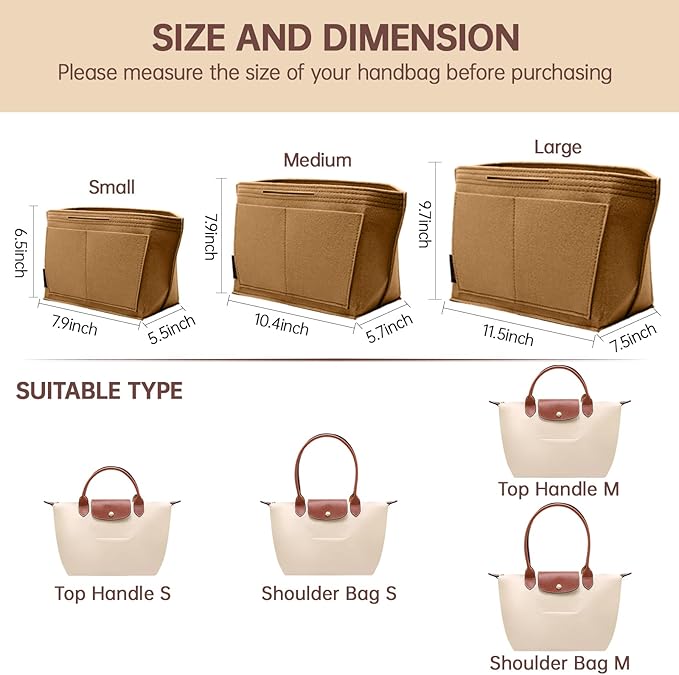 OPPOSHE Purse Organizer Insert for Longchamp Le Pliage, Premium Felt Long Champ Bag Handbag Women, Tote Organizer Insert with 6 Compartments (Small, Brown)