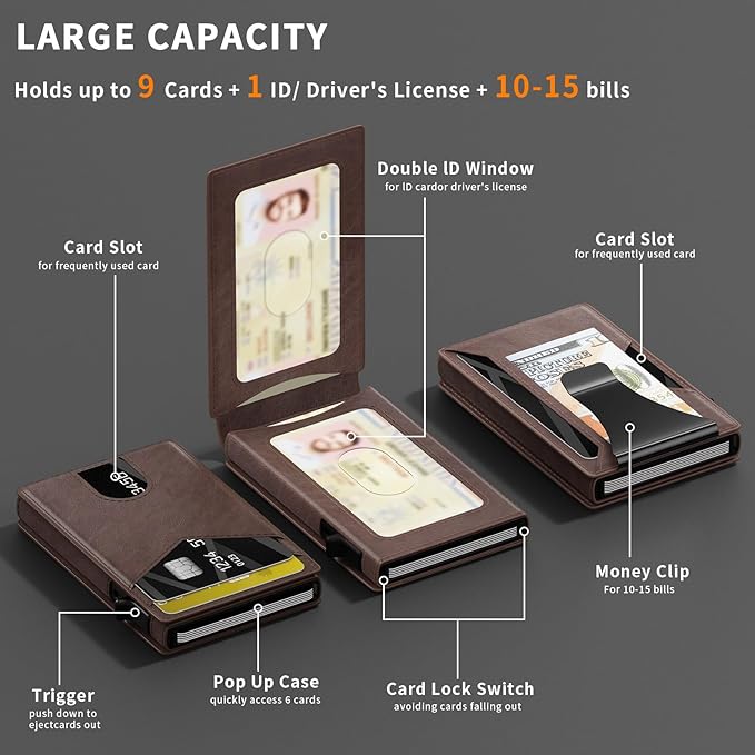 Wallet for Men Aluminum RFID Blocking-Metal Smart Pop-Up Credit Card Holder with 2 ID Windows, Holds 8-10 Cards,Bifold Security Front Pocket Wallet & Money Clip,Men's accessories (Coffee)
