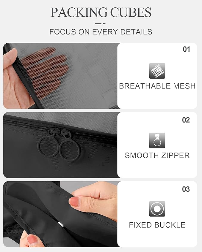 Packing Cubes 10 PCS, Mesh Breathable Luggage Organizers Bags, Packing Organizers, Durable Travel Essentials Bags Set, Travel Packing Organizers, Black