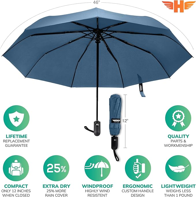 HERO Travel Umbrella - Compact Umbrellas for Rain, Windproof Auto Open Close, Large Coverage Portable Umbrella for Purse and Backpack
