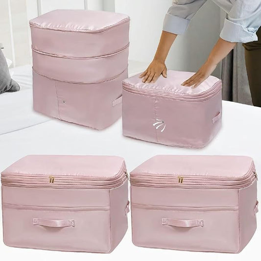 Ultra Space Saving Self Compression Organizers, 2 Pack Double Zipper Compression Packing Cubes for Bedding, Comforter Storage Bag for Blankets Duvet Quilts Pillows Queen King (Pink, X-Large)