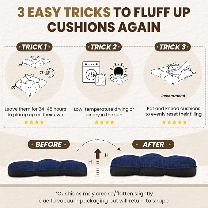 downluxe Indoor Chair Cushions for Dining Chairs, Tufted Overstuffed Textured Kitchen Chair Pads with Ties and Non-Slip Backing, 15.5" x 15.5" x 4", Royal Blue, 6 Pack