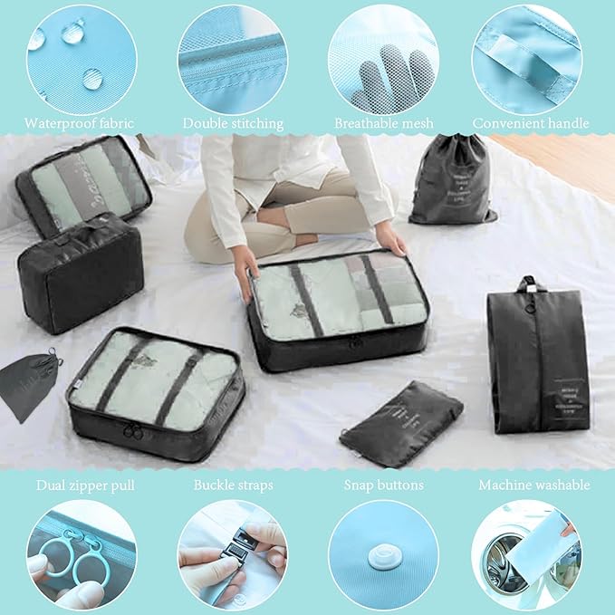 8 Pieces Mesh Packing Cubes for Travel, Luggage Packing Organizers Bags Set, Travel Essentials Suitcases Accessories with Laundry Bag, Storage Shoe Bag, Clothing Underwear Bag (Black, 8 set)