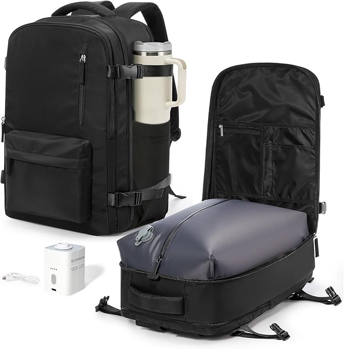 VGCUB Vacuum Backpack Travel with Electric Pump Vacpack System Storage Carry on Work Laptop Business Waterproof College Compression Personal Item Daypack Backpacks for Women Men Black