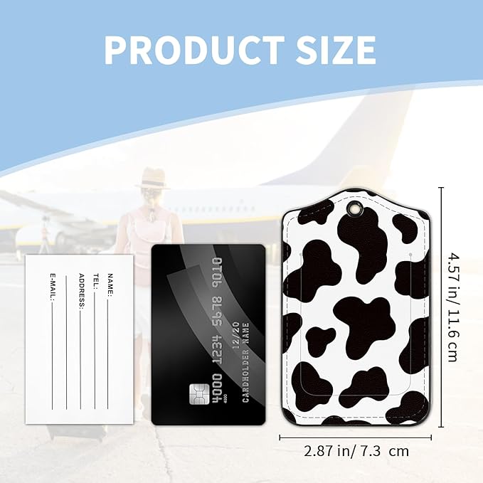 2 Pcs Luggage Tag for Suitcases, Cute Cow PU Leather Suitcase Tag Privacy Cover Name ID Label with Metal Loop, Personalized Baggage Identifier for Women Cruise Bag Travel Essentials