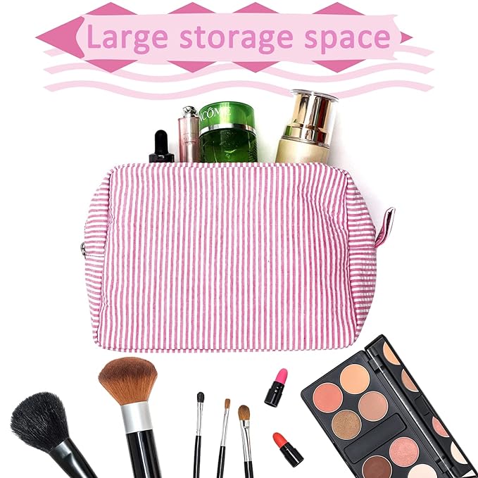 GFU Cosmetic Bag for Women, Large Makeup Bag, Travel Toiletry Stripe Cosmetic Bag, Seersucker Women Aesthetic Organizer Storage Pouch, Girls Handbags Purses (Pink)