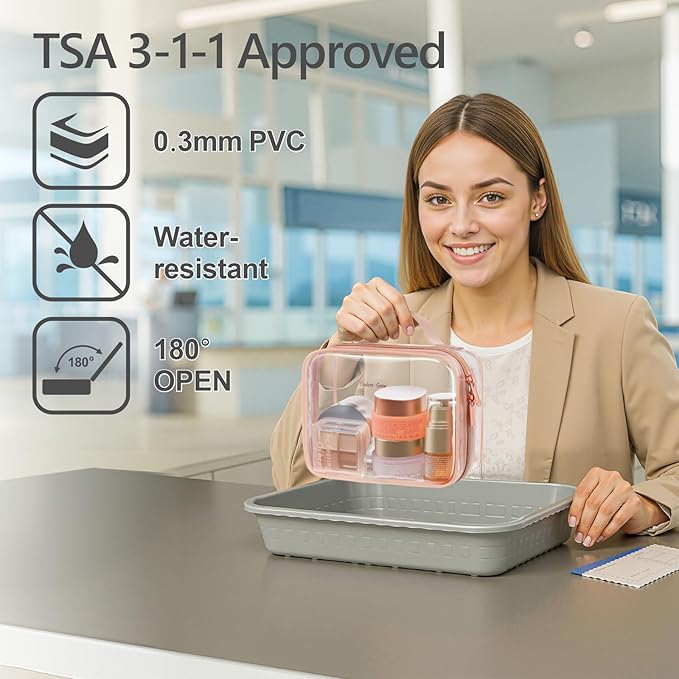PACKISM Clear Makeup Bag Combo Pack, 1 TSA Approved Medium & Large for Checked Luggage, Clear Toiletry Bag with Handle, Water-resistant Travel Essentials Organizer, Rose Pink
