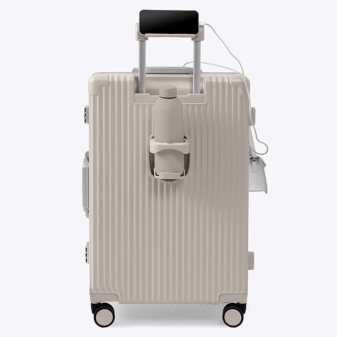 Nobl Travel Zipperless Check In Suitcase - Aluminum Frame, Medium Check In luggage 27x17.5x10.4 Airline Approved by Noble Travel - Polycarbonate Shell - TSA Locks, 360° Spinner Wheels - Sand