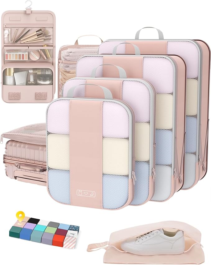 OlarHike 10 Set Compression Packing Cubes for Travel Gifts Women Mom,Luggage Clothes Organizer for Travelers,Airplane/Cruise/Car/Train Travel Essentials,Compressible Expandable Saver Space Bags(Beige)