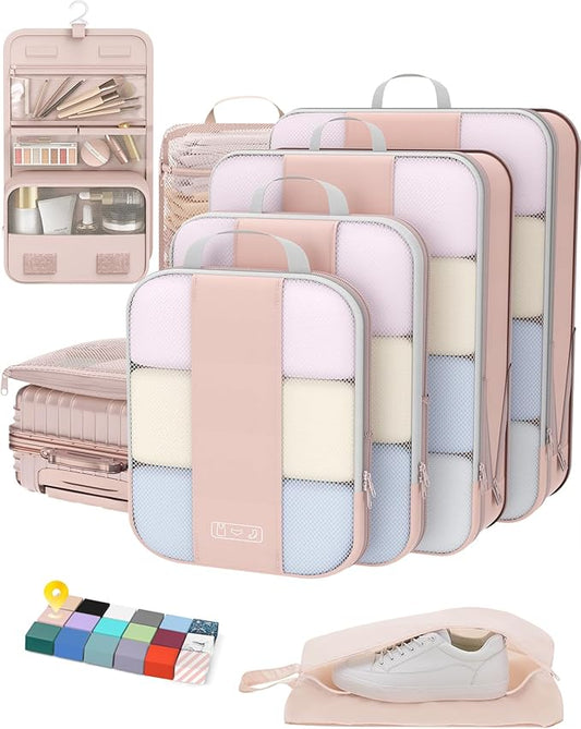 OlarHike 10 Set Compression Packing Cubes for Travel Gifts Women Mom,Luggage Clothes Organizer for Travelers,Airplane/Cruise/Car/Train Travel Essentials,Compressible Expandable Saver Space Bags(Beige)