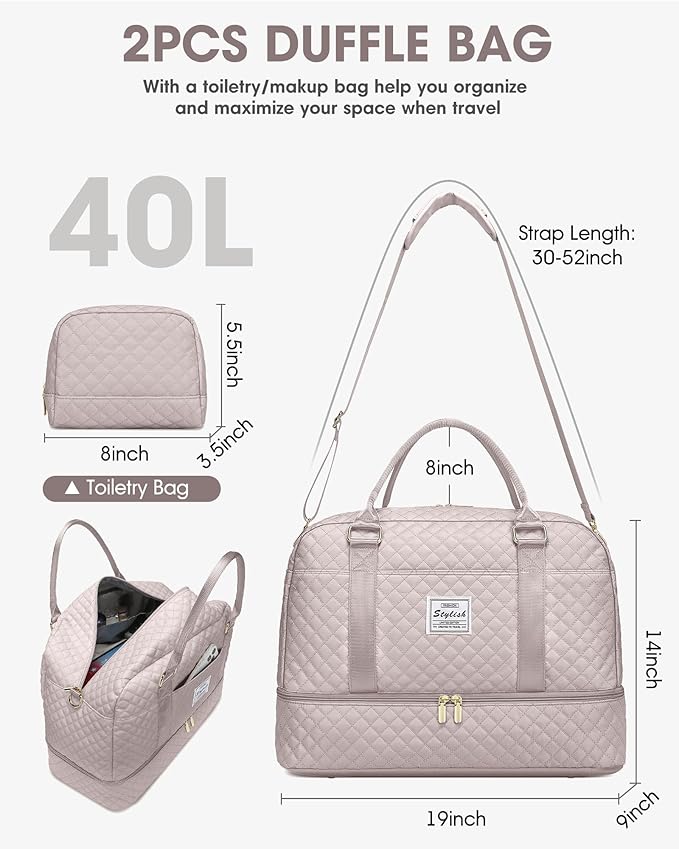 Weekender Bags for Women Travel Bag - Duffle Bag with Shoe Compartment Carry on Overnight Bag for Women Hospital Bags for Labor and Delivery 2Pcs Set Nude Pink
