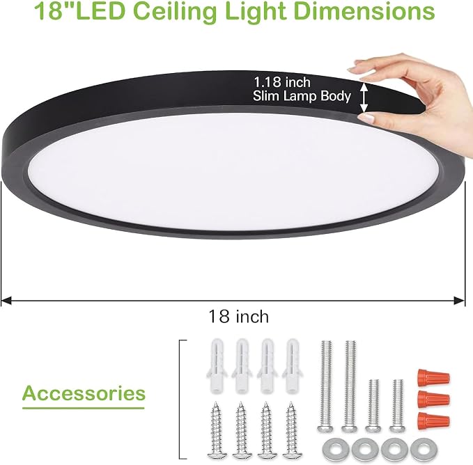 hykolity 18 Inch LED Round Flat Panel Light,32W,3200LM,3CCT | 3000K/4000K/5000K CCT Selectable,120°Beam Angle, Dimmable Edge-Lit Flush Mount Ceiling Light Fixture - ETL Listed,Black