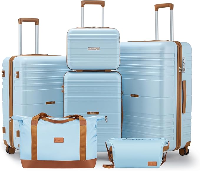 Luggage Sets 6 Piece with Spinner Wheels, Lightweight Hardshell Suitcase Set with TSA Lock, Carry On Checked Luggage Set with YKK Zippers(Light Blue, 6 piece sets（14/20/24/28/DB/TB）)