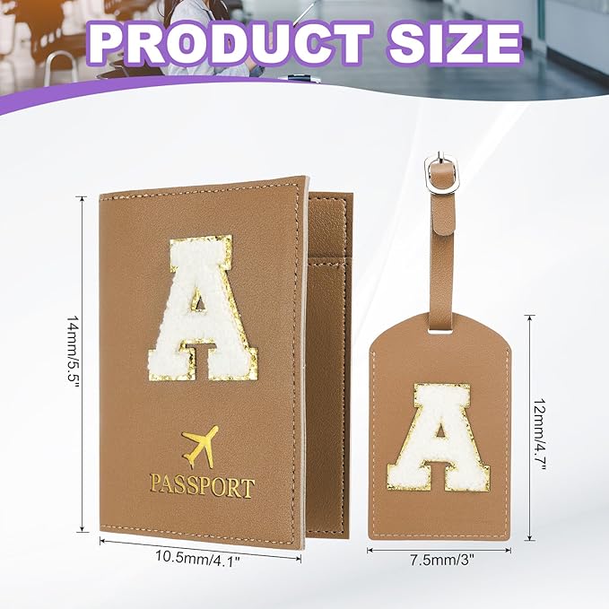 PATIKIL Passport Holder for Travel, Initial Passport Cover and Luggage Tag Set with Alphabet Chenille Letter Patch Travel Wallet Bag Suitcase Identifier for Women Family Travel Brown A