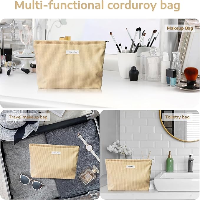 Wudygirl Makeup Bag,Large Capacity Cosmetic Travel Bag,Cute Corduroy Toiletry Bag for Women,Makeup Bag Organizer Handbags Purses Zipper pouch(Light Yellow)