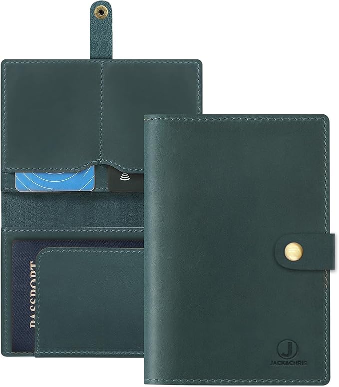 Jack&Chris Genuine Leather Passport Holder For Travel, RFID Blocking Handmade Passport Holder with Card Case Organized & Safe, Quality Travel Essentials for Women and Men for Gifting, Blue