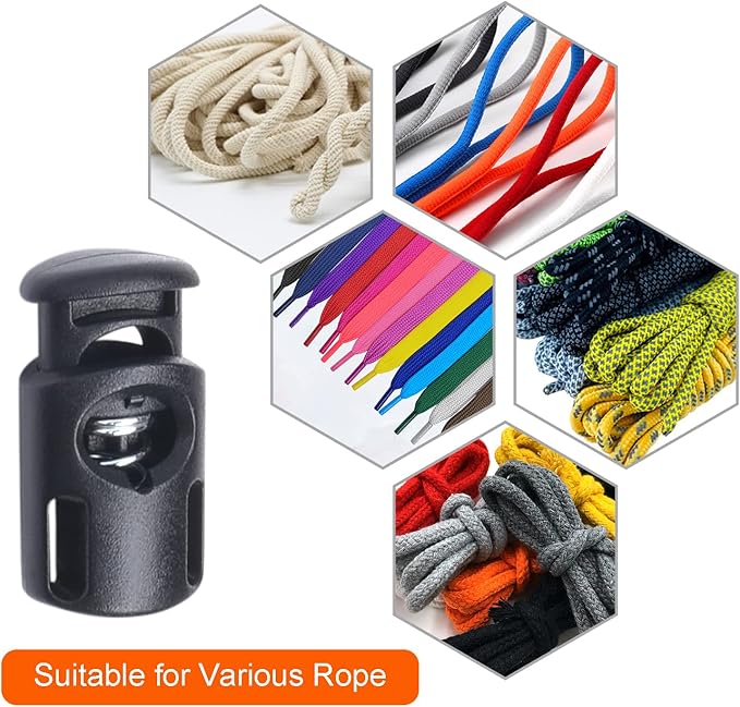 CooBigo 50PCS Single Hole Plastic Cord Lock for Paracord,Spring Toggle Stopper Clasps for Drawstring Bungee Elastic Shoelace Lock Gloves Hoodie Sweatpants String Clip Replacement