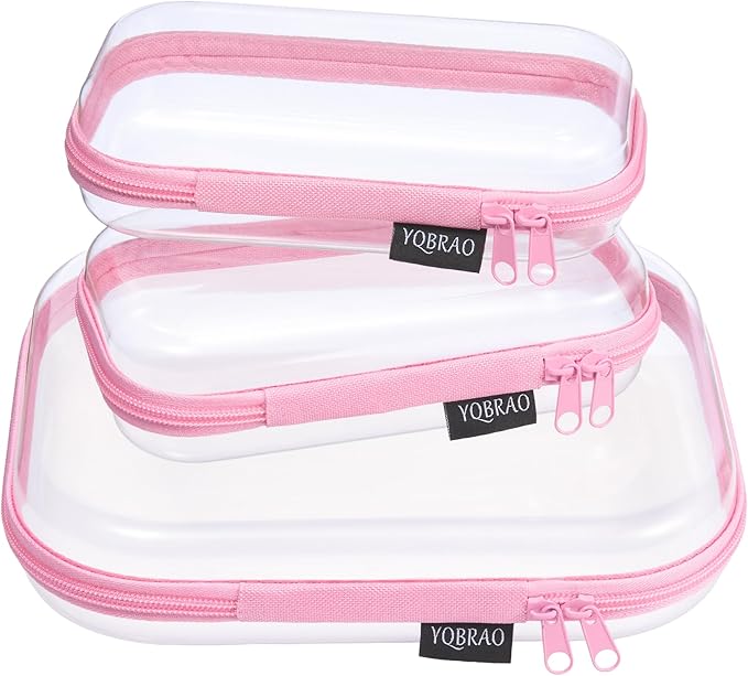 YQBRAO 3 Pack Hard Sided Clear Zipper Case for Storage- Thickened-Grade Clear Hard Shell Zipper Case for Organizing Bead, Handicrafts, Sewing, Toiletries, Makeup (Pink)