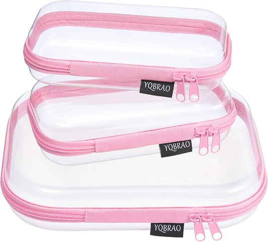 YQBRAO 3 Pack Hard Sided Clear Zipper Case for Storage- Thickened-Grade Clear Hard Shell Zipper Case for Organizing Bead, Handicrafts, Sewing, Toiletries, Makeup (Pink)