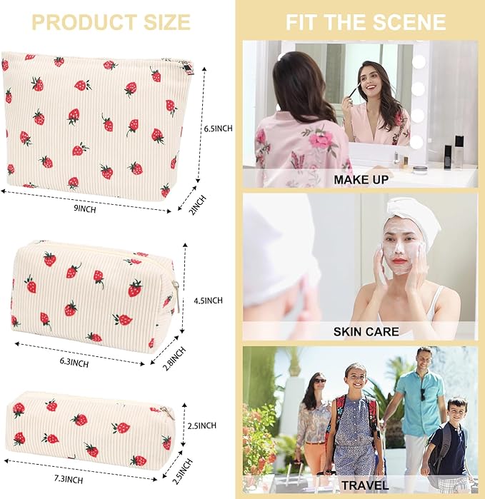 EIMMBD Makeup Bag 3 Pieces Large Capacity Cosmetic Bags Travel Toiletry Bag Organizer Cute Makeup Bag Storage for Women(Beige Strawberry)