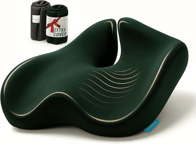 Orthopedic Coccyx Cushion for Tailbone Pain Relief, Sciatica and Back Pain - XL Memory Foam Seat Cushions for Office Chairs, Car, Gaming - Ergonomic Cushion with Removable Spare Cover (Green)