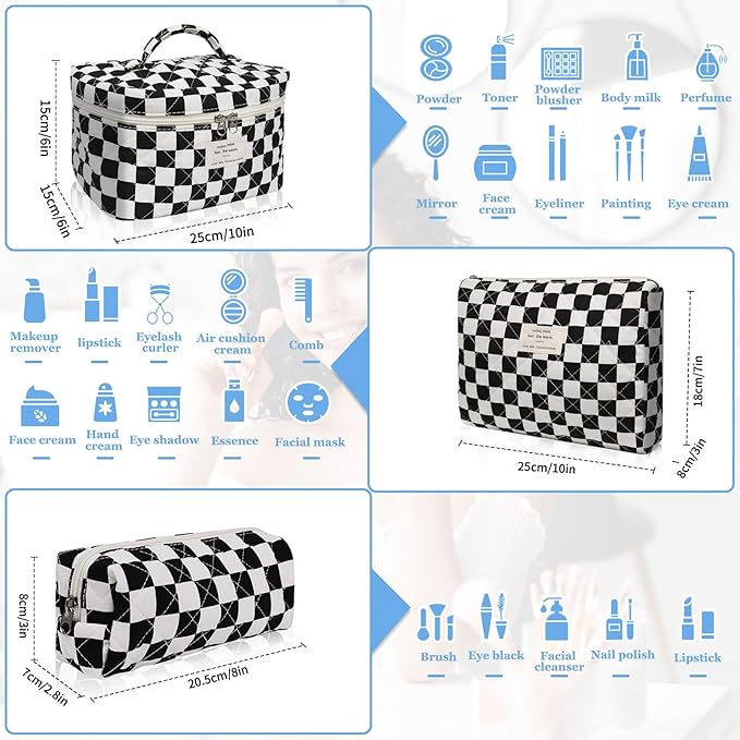 Makeup Bag Set, Quilted Makeup Bag, Large Floral Cosmetic Bag for Women, Cute Cotton Makeup Bags, Flower Travel Toiletry Organizer Bag (Black Checkered)