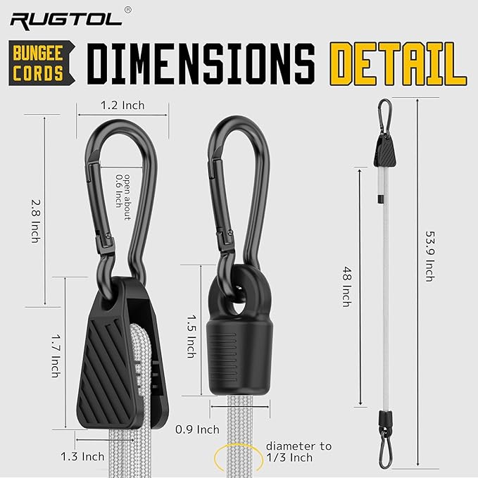 Bungee Cords with Hooks, 48 Inch Adjustable White Bungee Cords with Carabiner Heavy Duty Outdoor, 8mm Thick Easy to Adjust Bungee Rope UV Resistant for Truck Bed, Bike Rack, Camping, 6 Pack